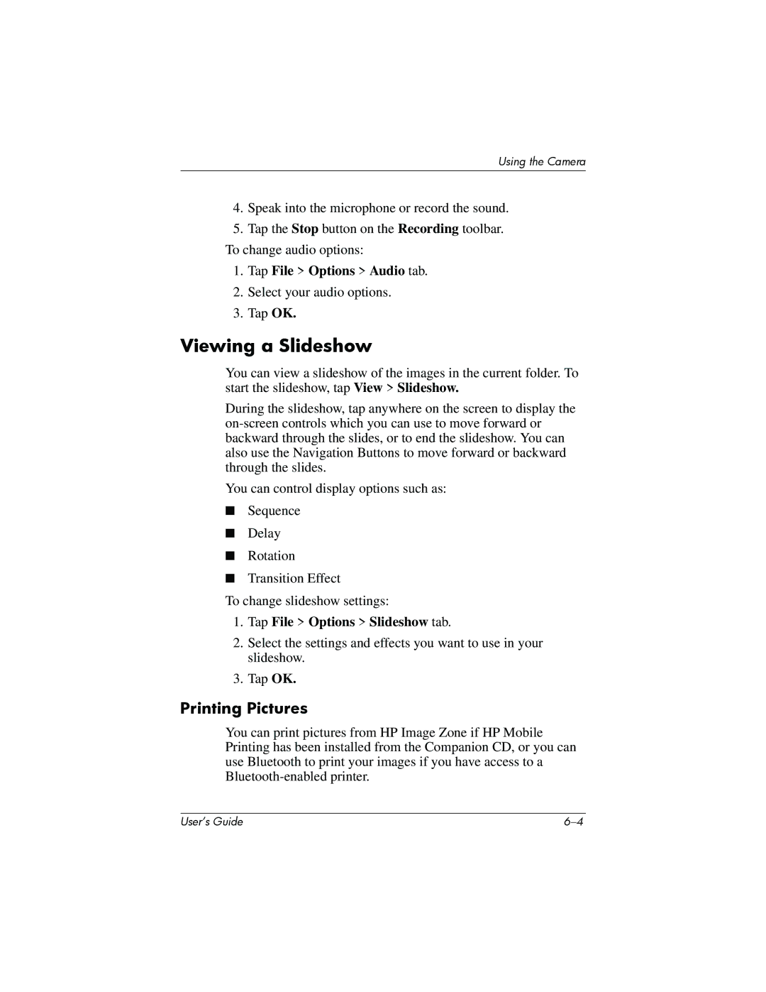 HP h6300 manual Viewing a Slideshow, Printing Pictures, Tap File Options Audio tab, Tap File Options Slideshow tab 