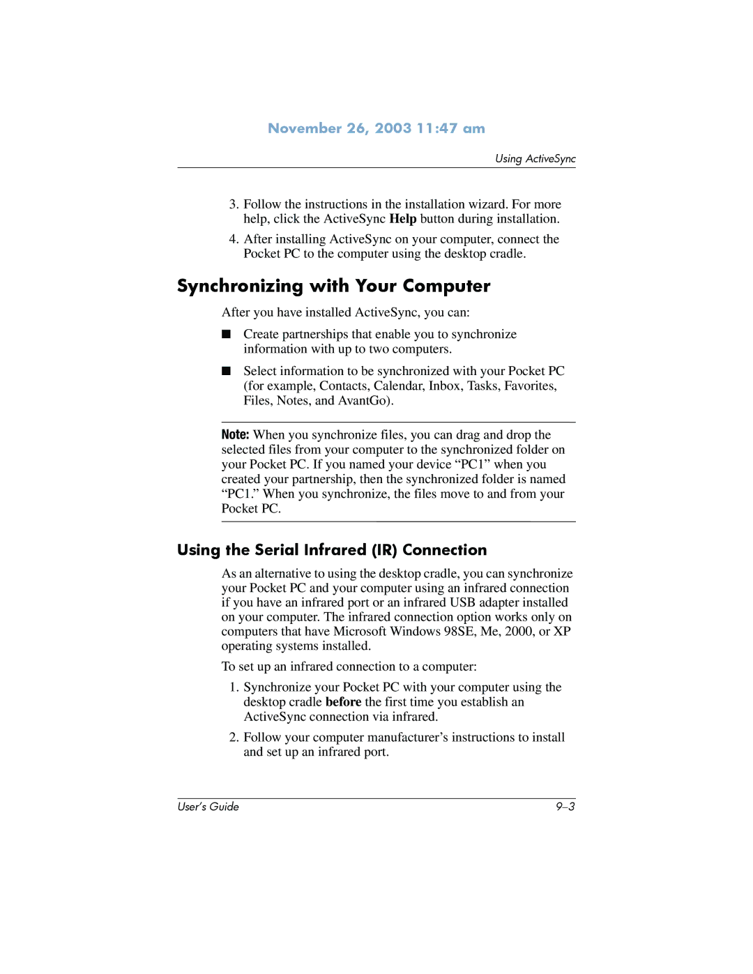 HP h6300 manual Synchronizing with Your Computer, Using the Serial Infrared IR Connection 