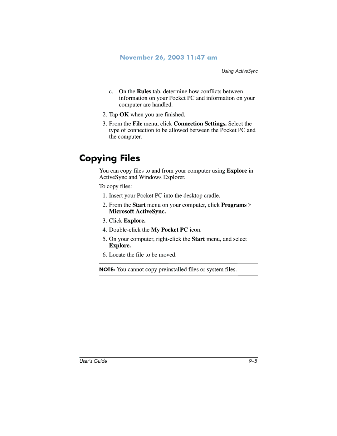 HP h6300 manual Copying Files, Microsoft ActiveSync Click Explore 
