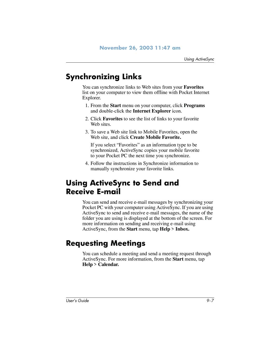HP h6300 manual Synchronizing Links, Using ActiveSync to Send and Receive E-mail, Requesting Meetings 