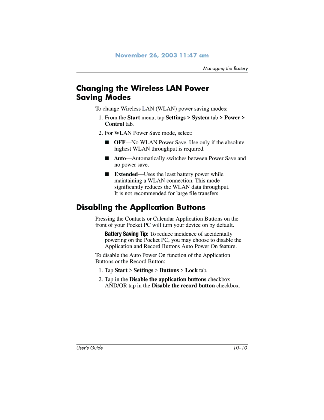 HP h6300 manual Changing the Wireless LAN Power Saving Modes, Disabling the Application Buttons 