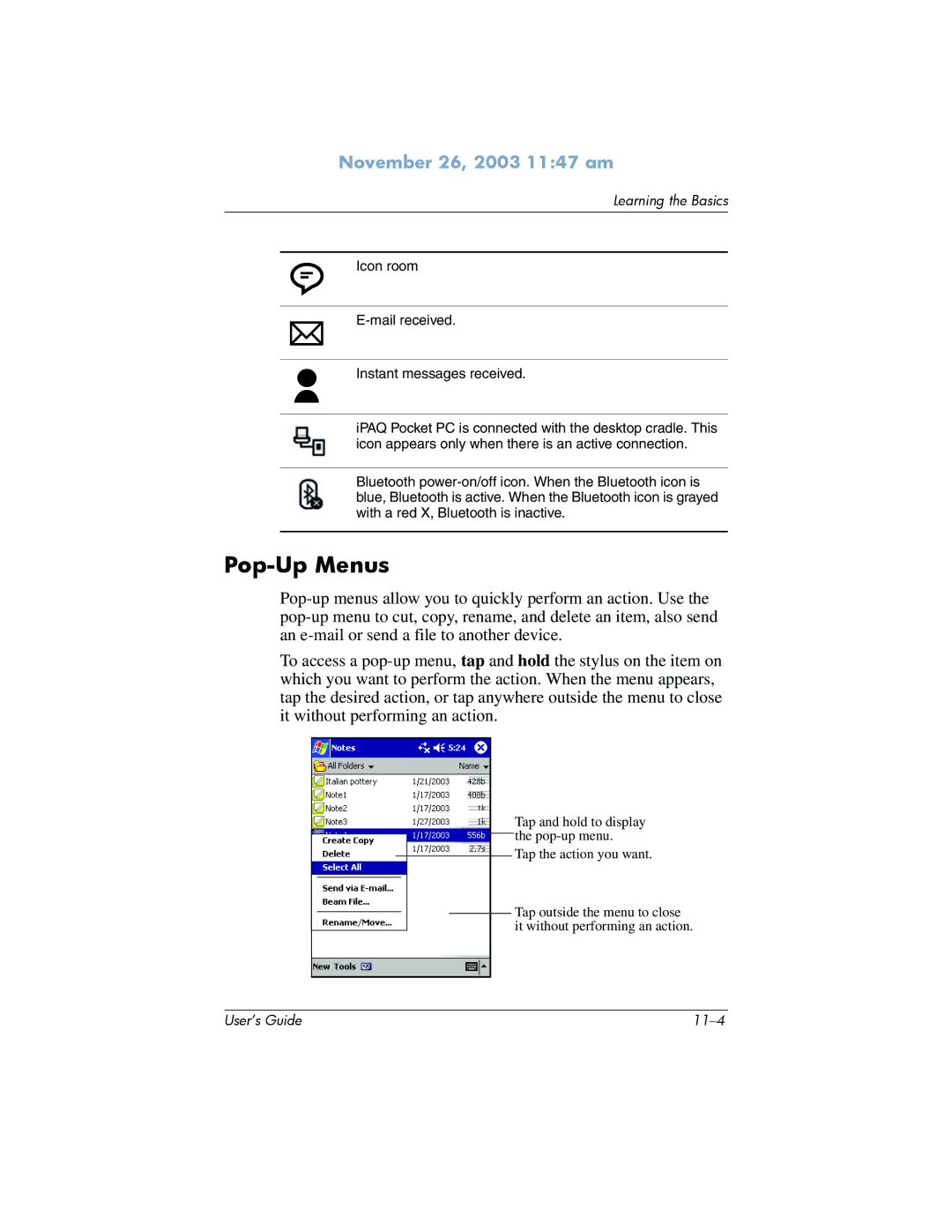 HP h6300 manual Pop-Up Menus, Icon room Mail received Instant messages received 