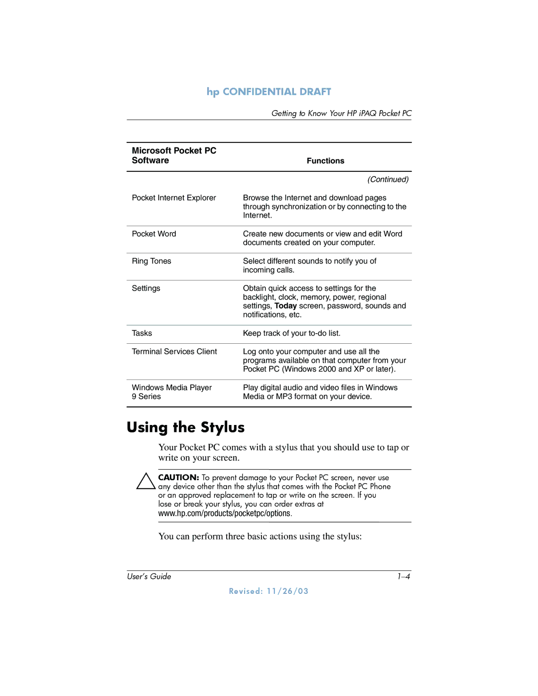 HP h6300 manual Using the Stylus, Microsoft Pocket PC Software 