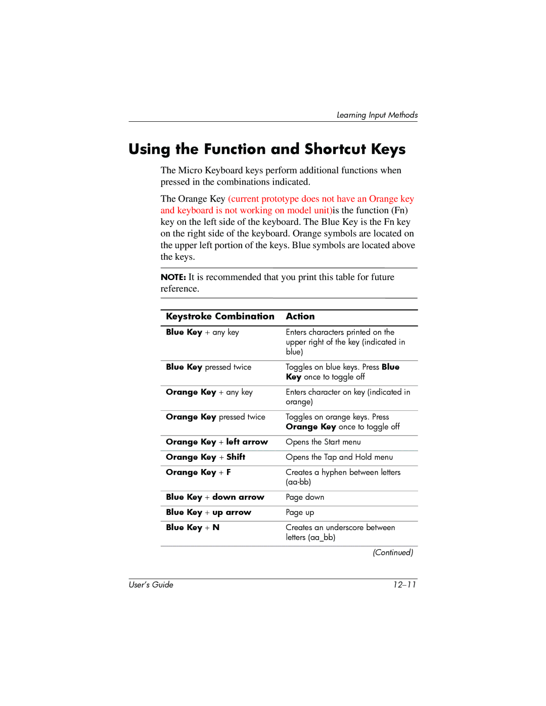 HP h6300 manual Using the Function and Shortcut Keys, Keystroke Combination Action 