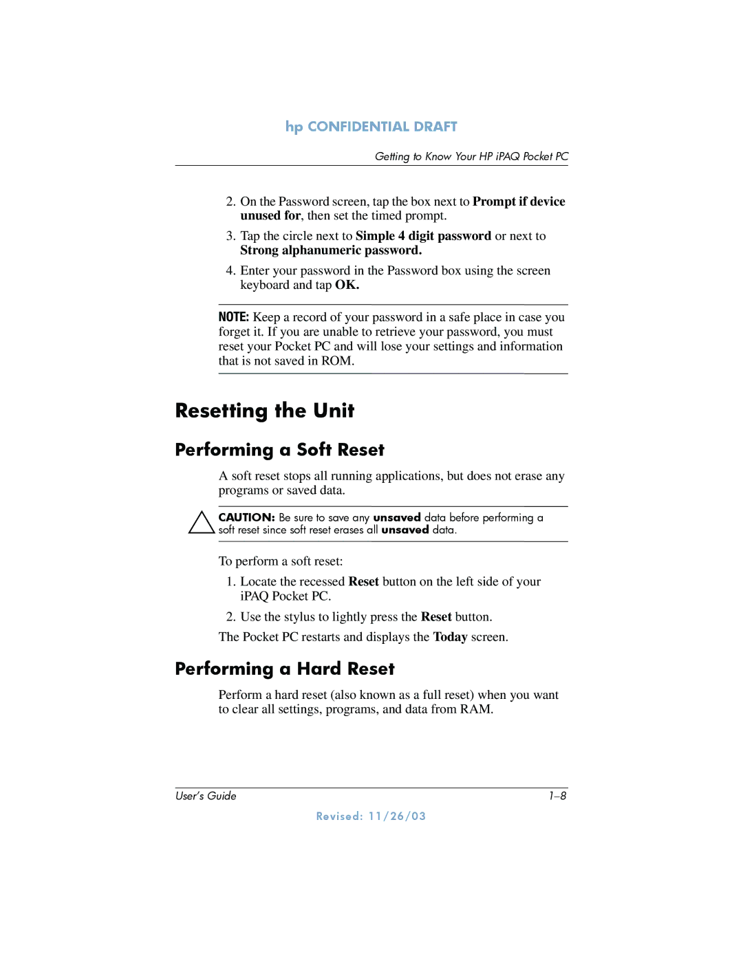 HP h6300 manual Resetting the Unit, Performing a Soft Reset, Performing a Hard Reset, Strong alphanumeric password 