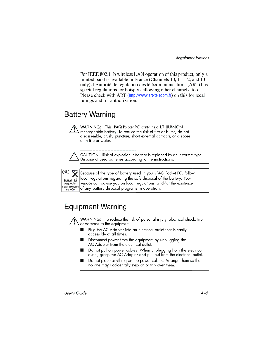 HP h6300 manual Battery Warning, Equipment Warning 