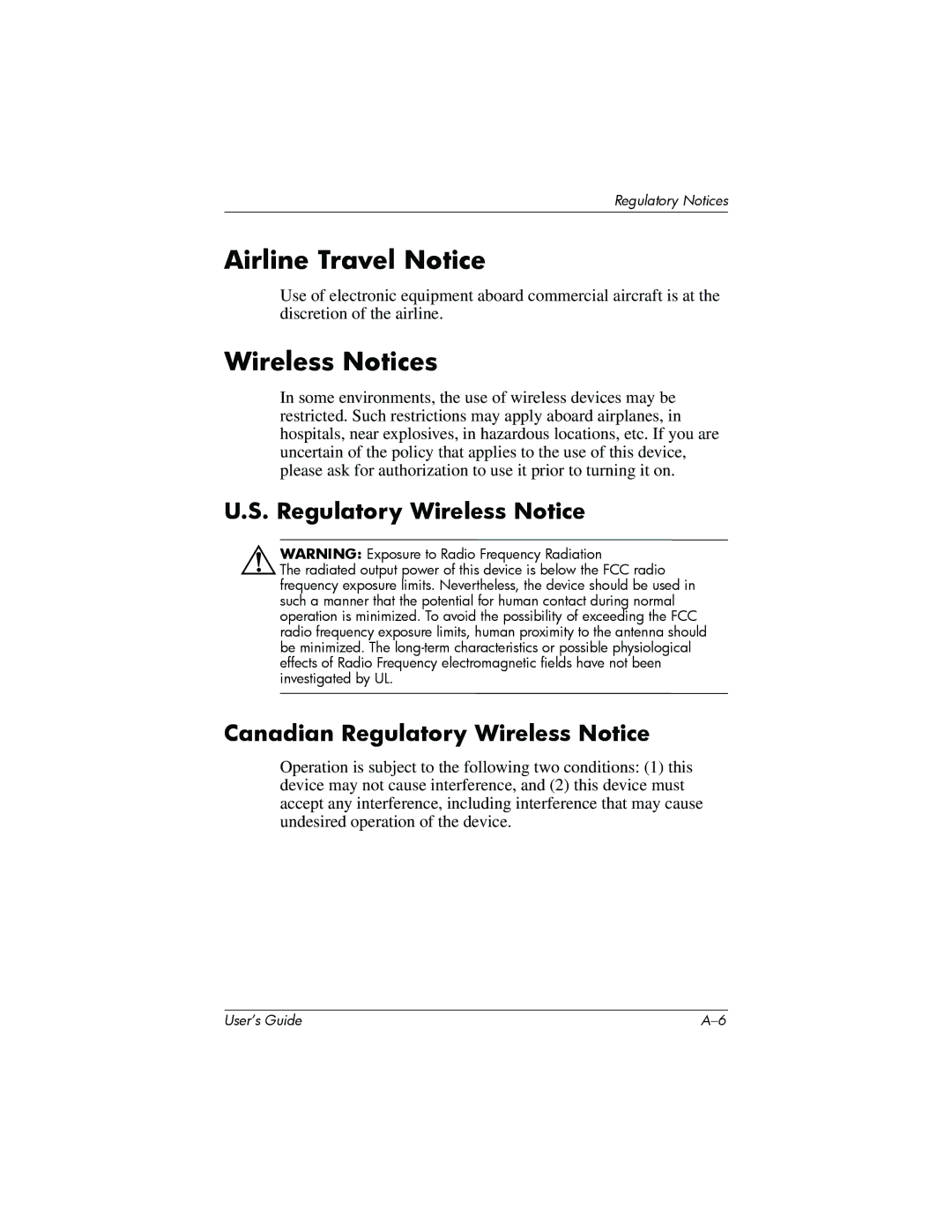 HP h6300 manual Airline Travel Notice, Wireless Notices, Canadian Regulatory Wireless Notice 