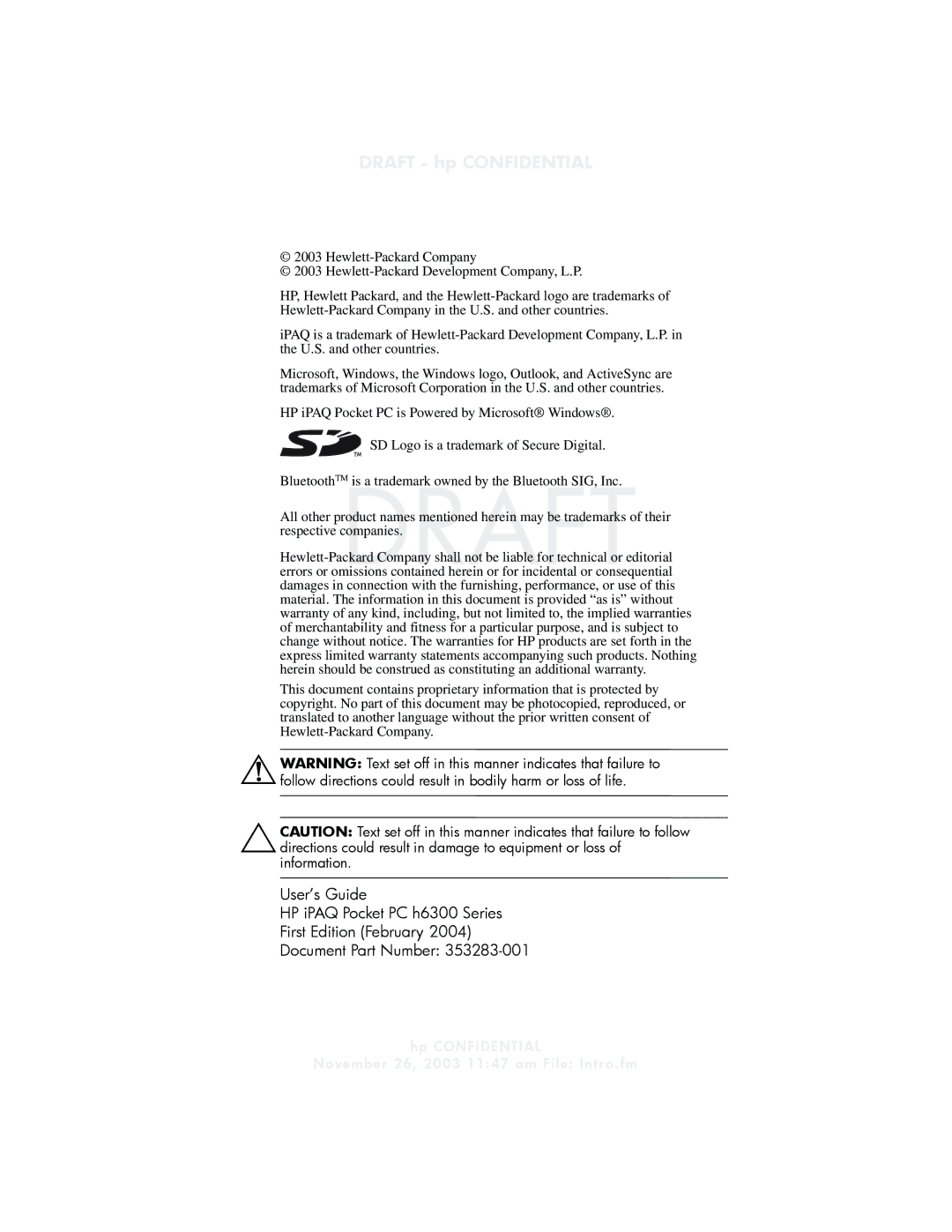 HP h6300 manual Draft hp Confidential 