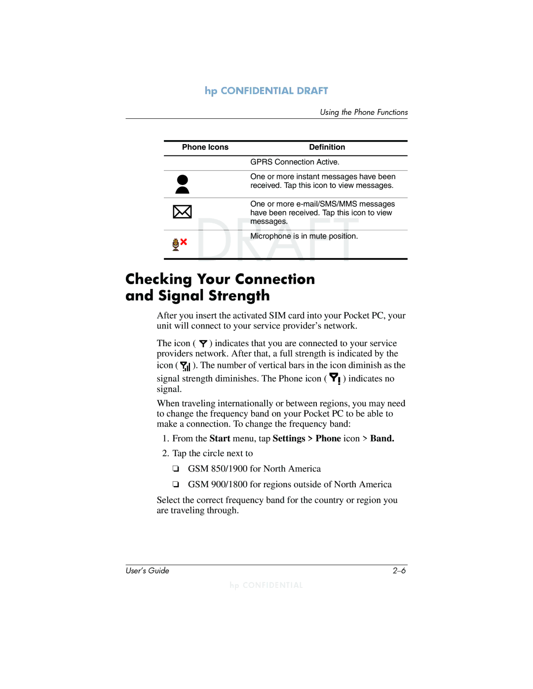 HP h6300 manual Checking Your Connection and Signal Strength, From the Start menu, tap Settings Phone icon Band 