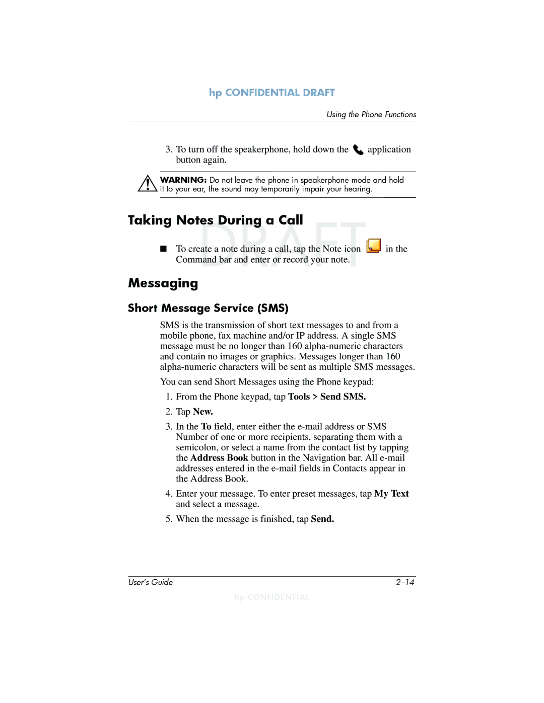 HP h6300 manual Taking Notes During a Call, Messaging, Short Message Service SMS 