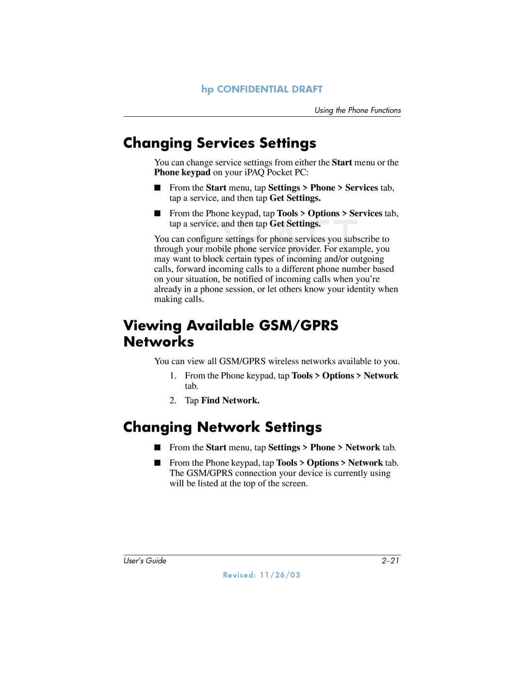 HP h6300 Changing Services Settings, Viewing Available GSM/GPRS Networks, Changing Network Settings, Tap Find Network 