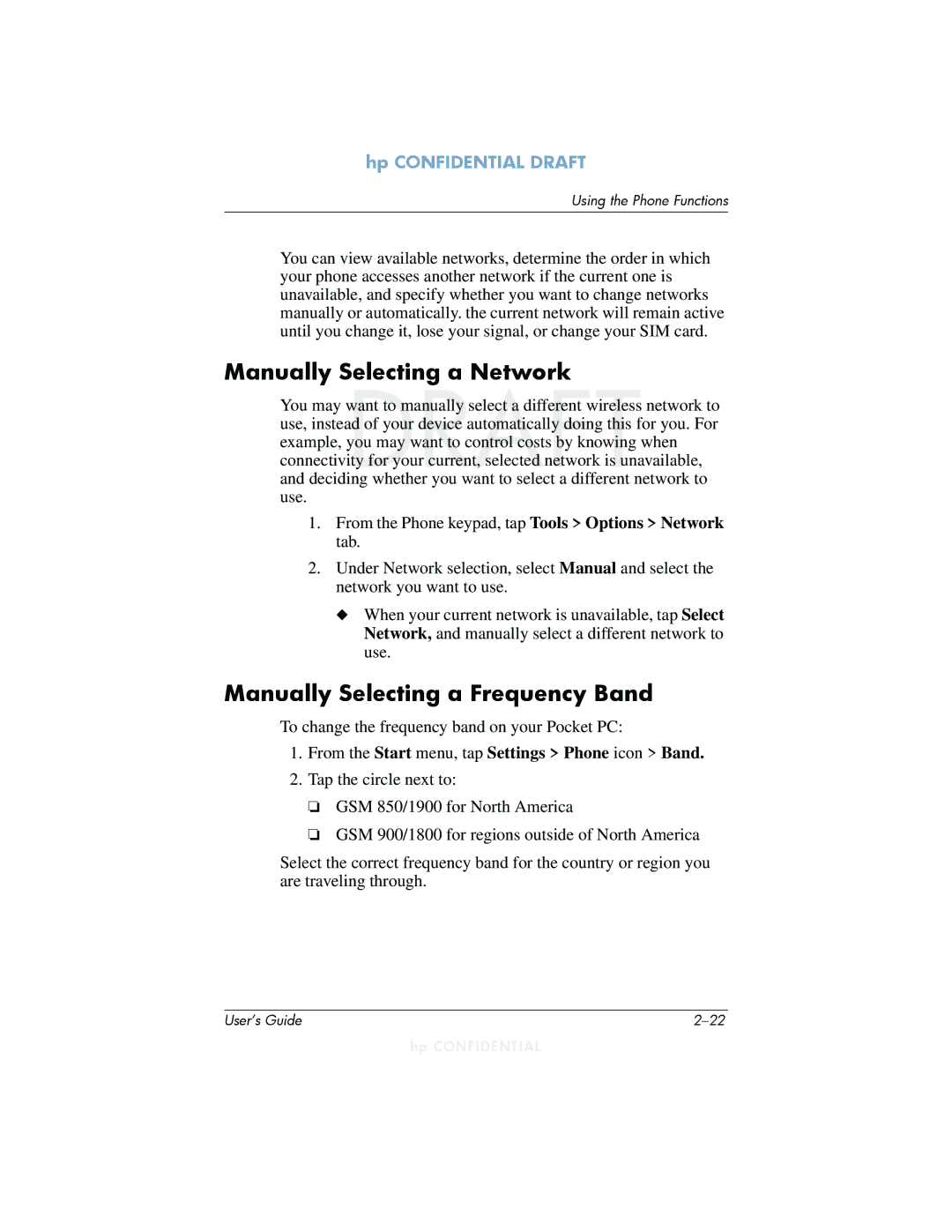 HP h6300 manual Manually Selecting a Network, Manually Selecting a Frequency Band 