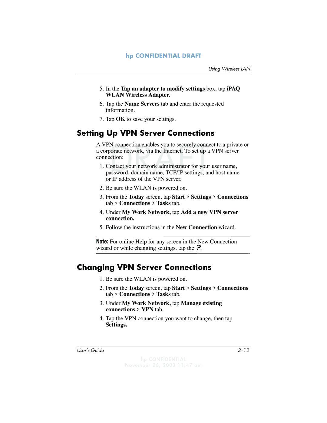 HP h6300 manual Setting Up VPN Server Connections, Changing VPN Server Connections, Settings 