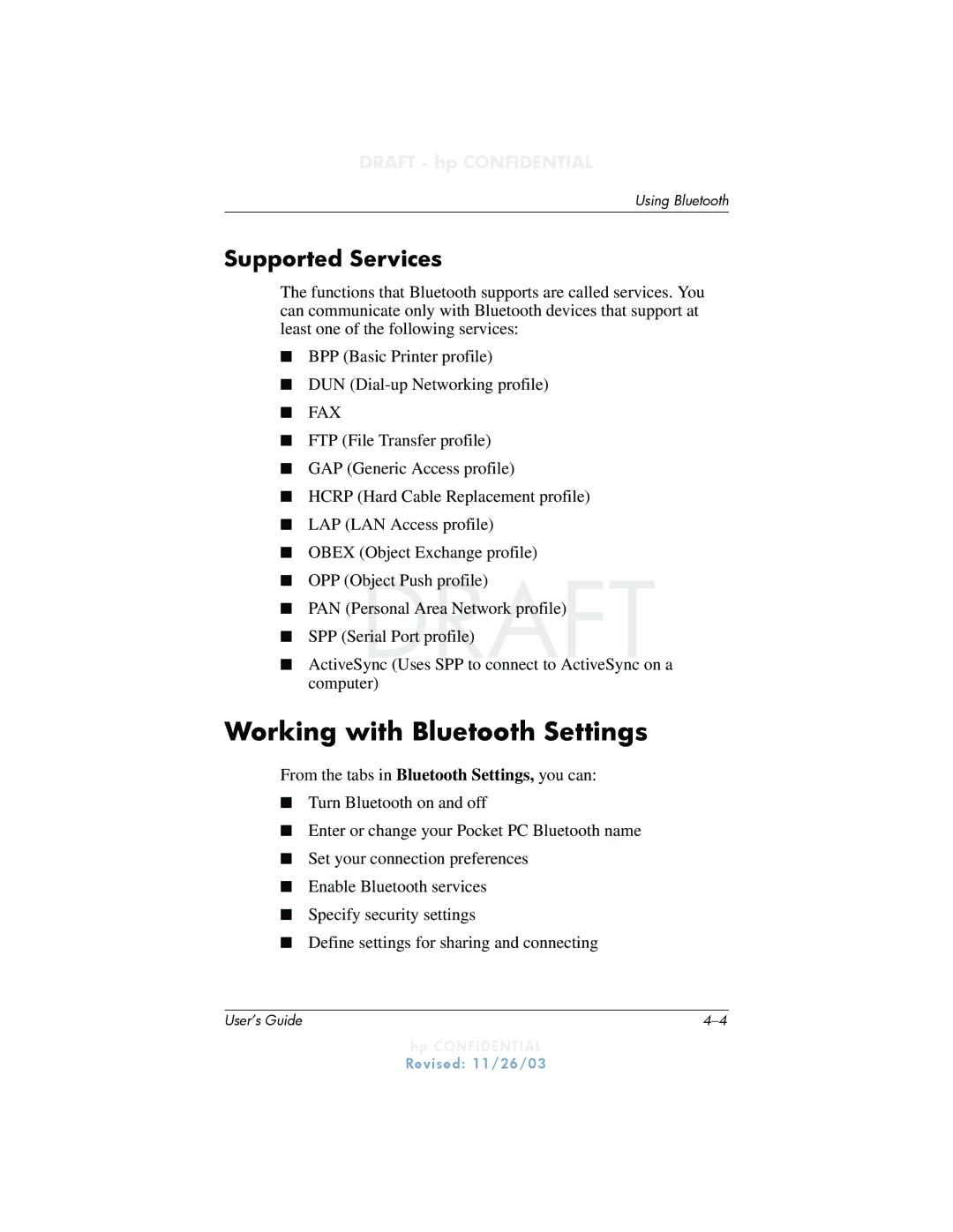 HP h6300 manual Working with Bluetooth Settings, Supported Services 