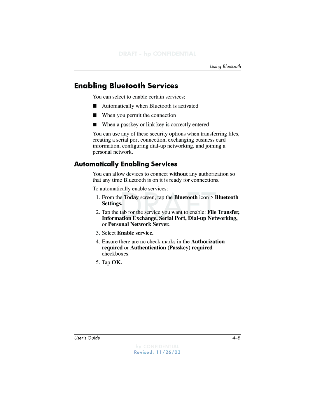 HP h6300 manual Enabling Bluetooth Services, Automatically Enabling Services 