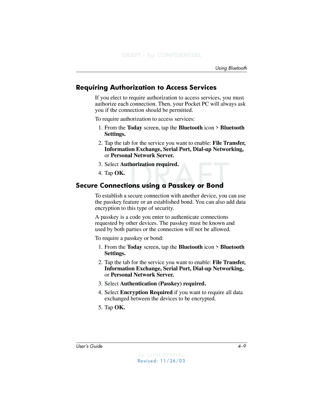 HP h6300 manual Requiring Authorization to Access Services, Secure Connections using a Passkey or Bond 