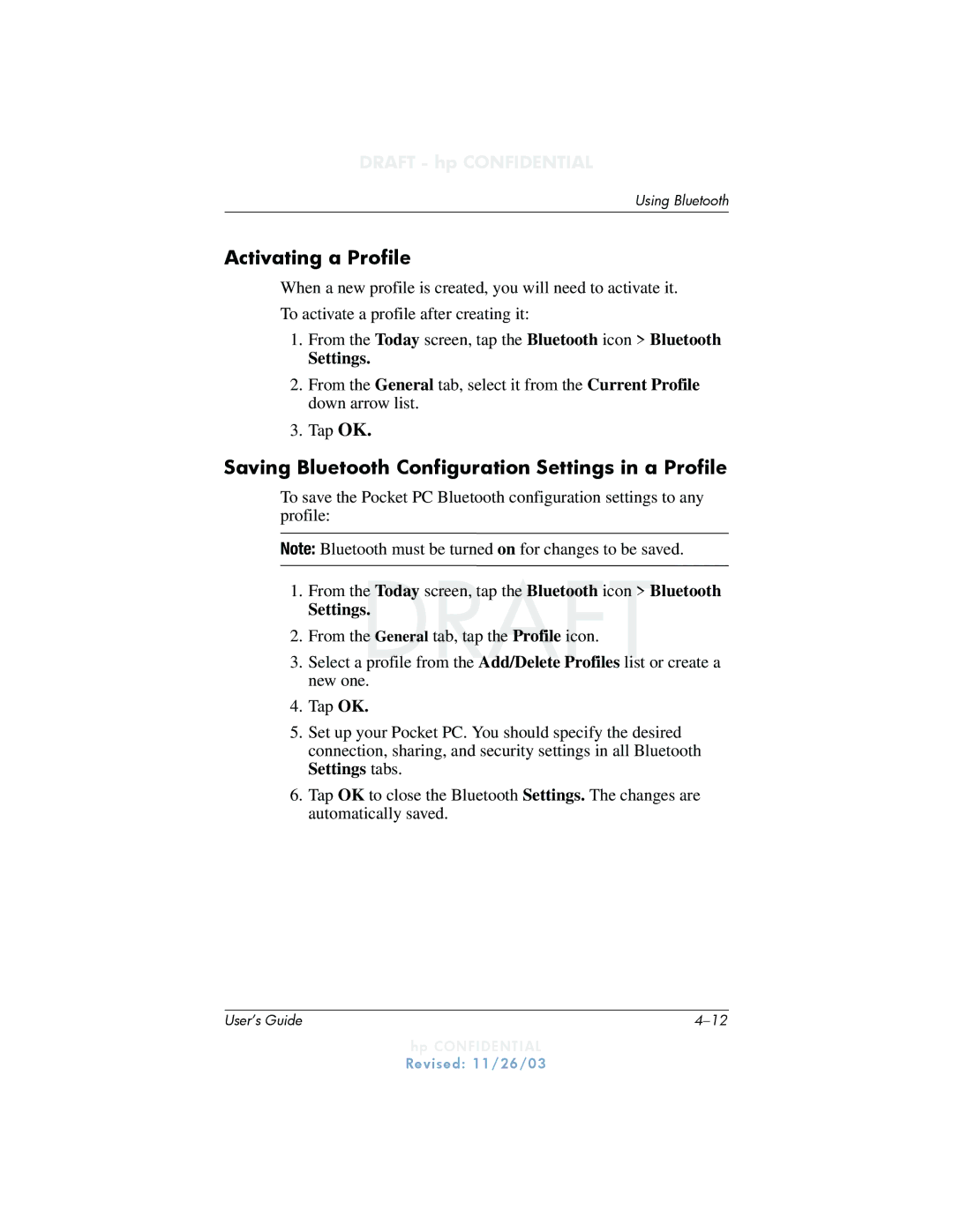 HP h6300 manual Activating a Profile, Saving Bluetooth Configuration Settings in a Profile 