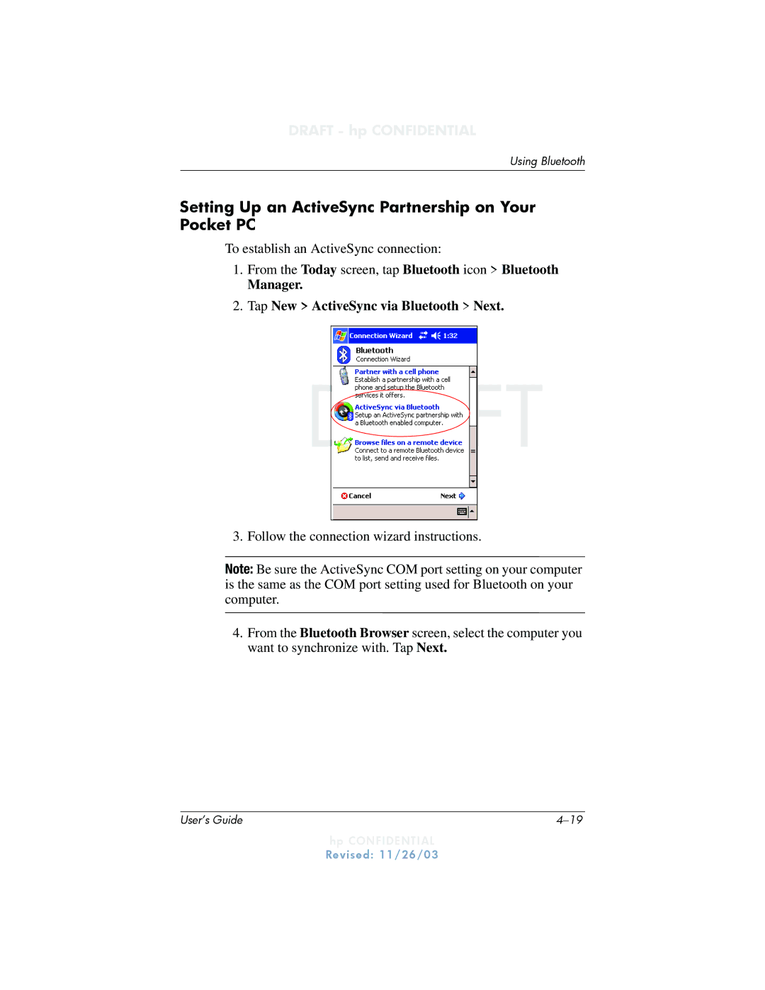 HP h6300 manual Setting Up an ActiveSync Partnership on Your Pocket PC, Manager Tap New ActiveSync via Bluetooth Next 