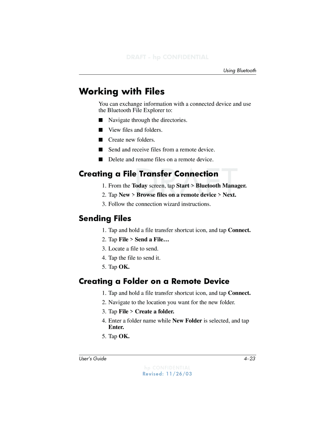 HP h6300 manual Working with Files, Sending Files, Creating a Folder on a Remote Device 