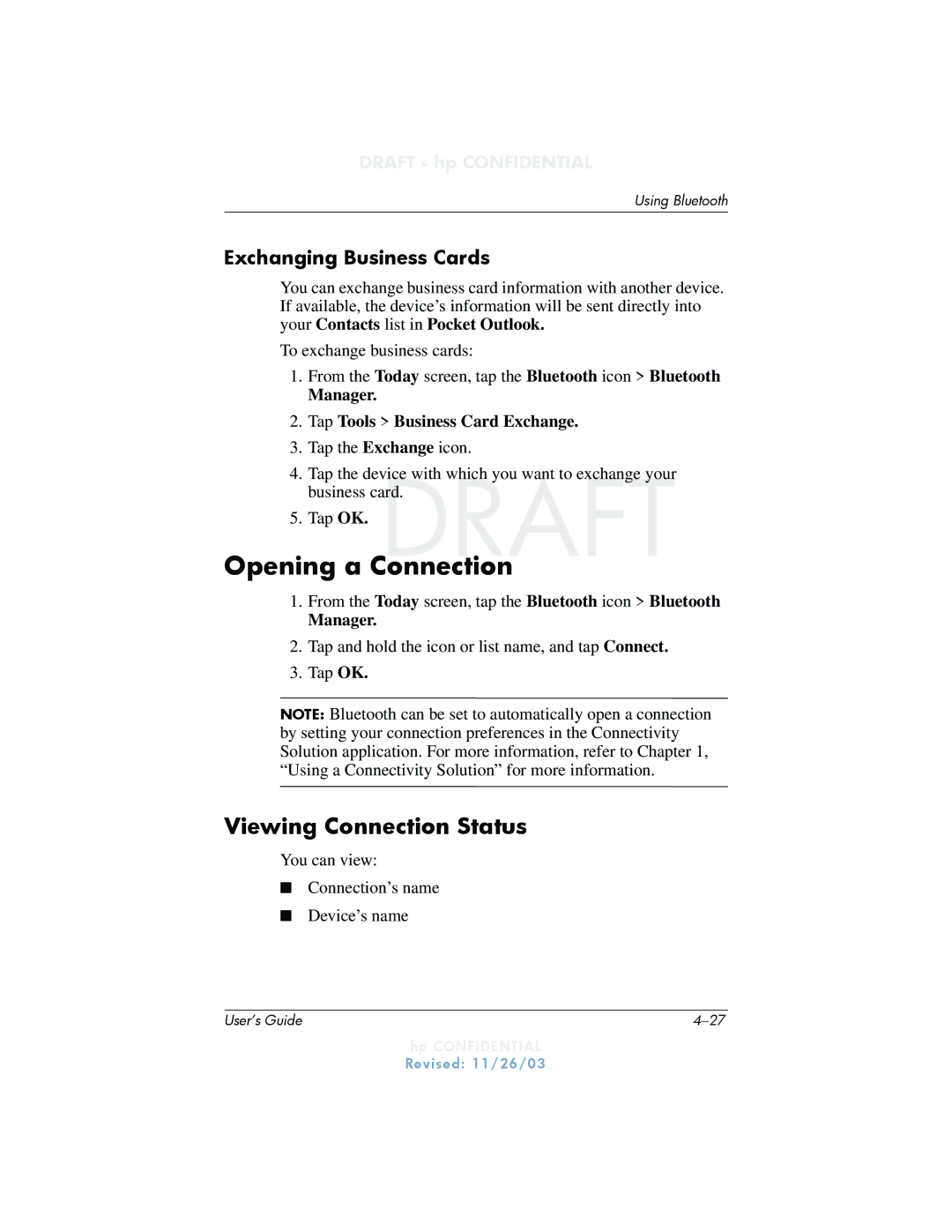 HP h6300 manual Opening a Connection, Viewing Connection Status, Exchanging Business Cards 