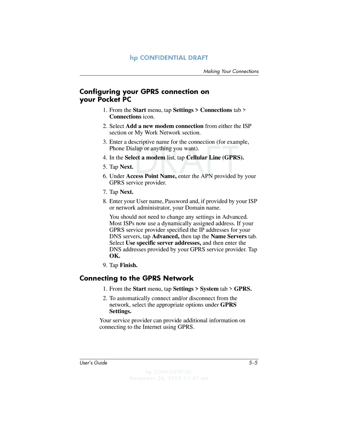 HP h6300 manual Configuring your Gprs connection on your Pocket PC, Connecting to the Gprs Network 