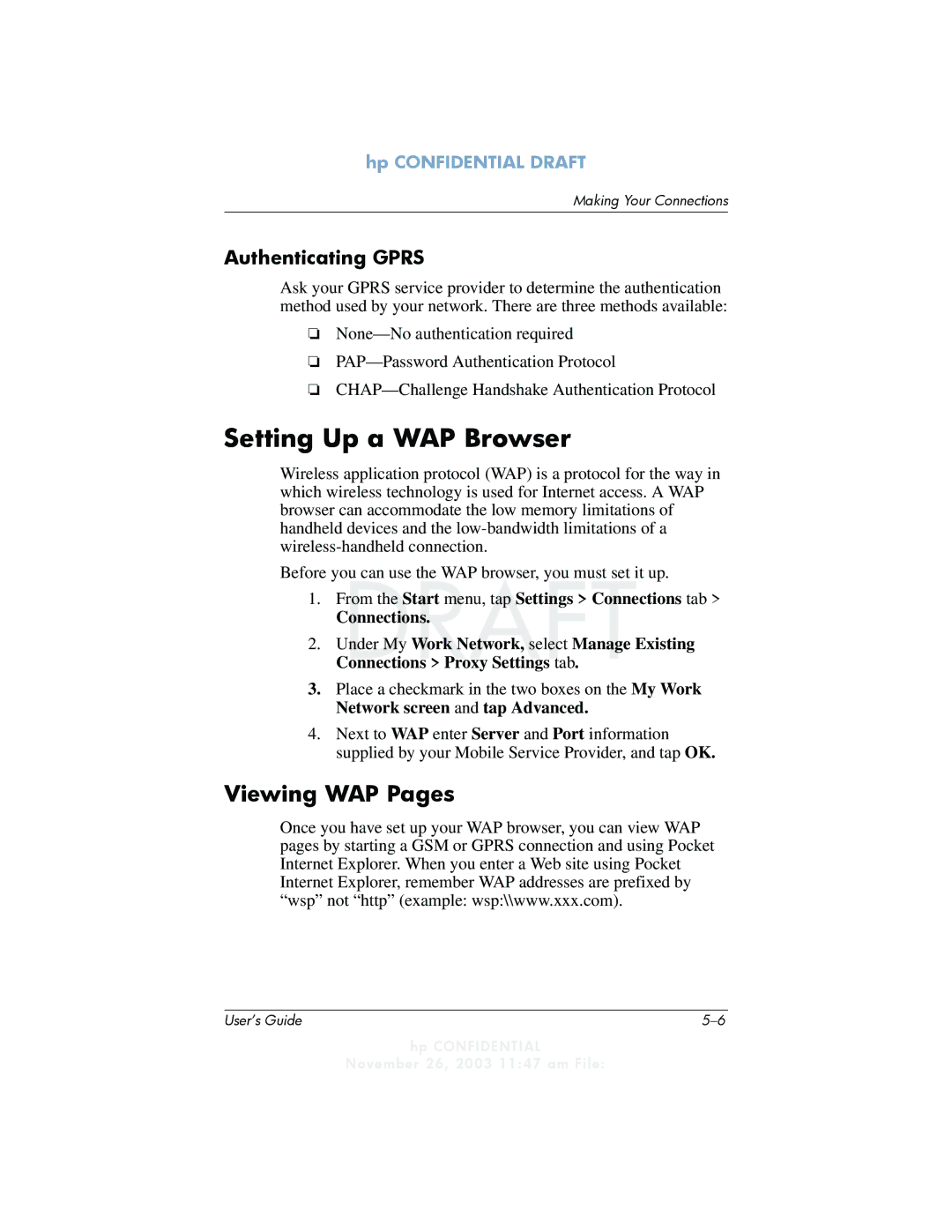 HP h6300 manual Setting Up a WAP Browser, Viewing WAP Pages, Authenticating Gprs 