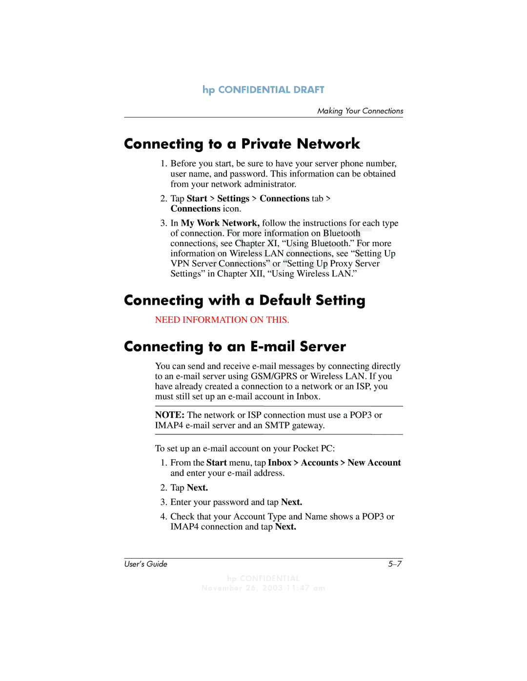 HP h6300 manual Connecting to a Private Network, Connecting with a Default Setting, Connecting to an E-mail Server 