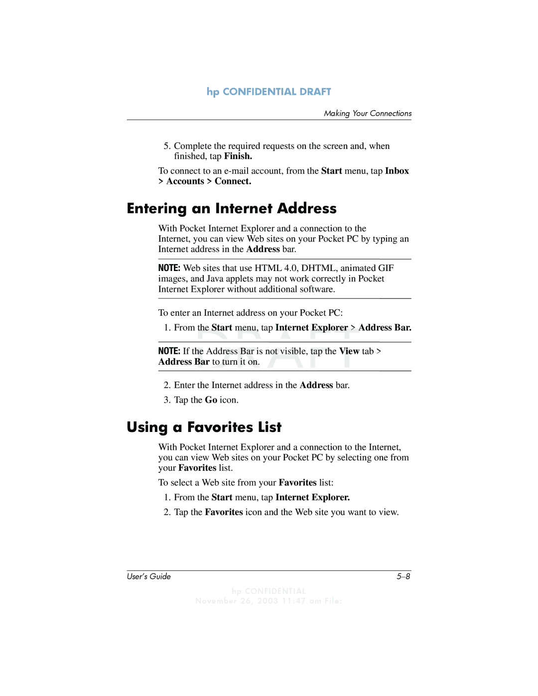 HP h6300 manual Entering an Internet Address, Using a Favorites List, From the Start menu, tap Internet Explorer 