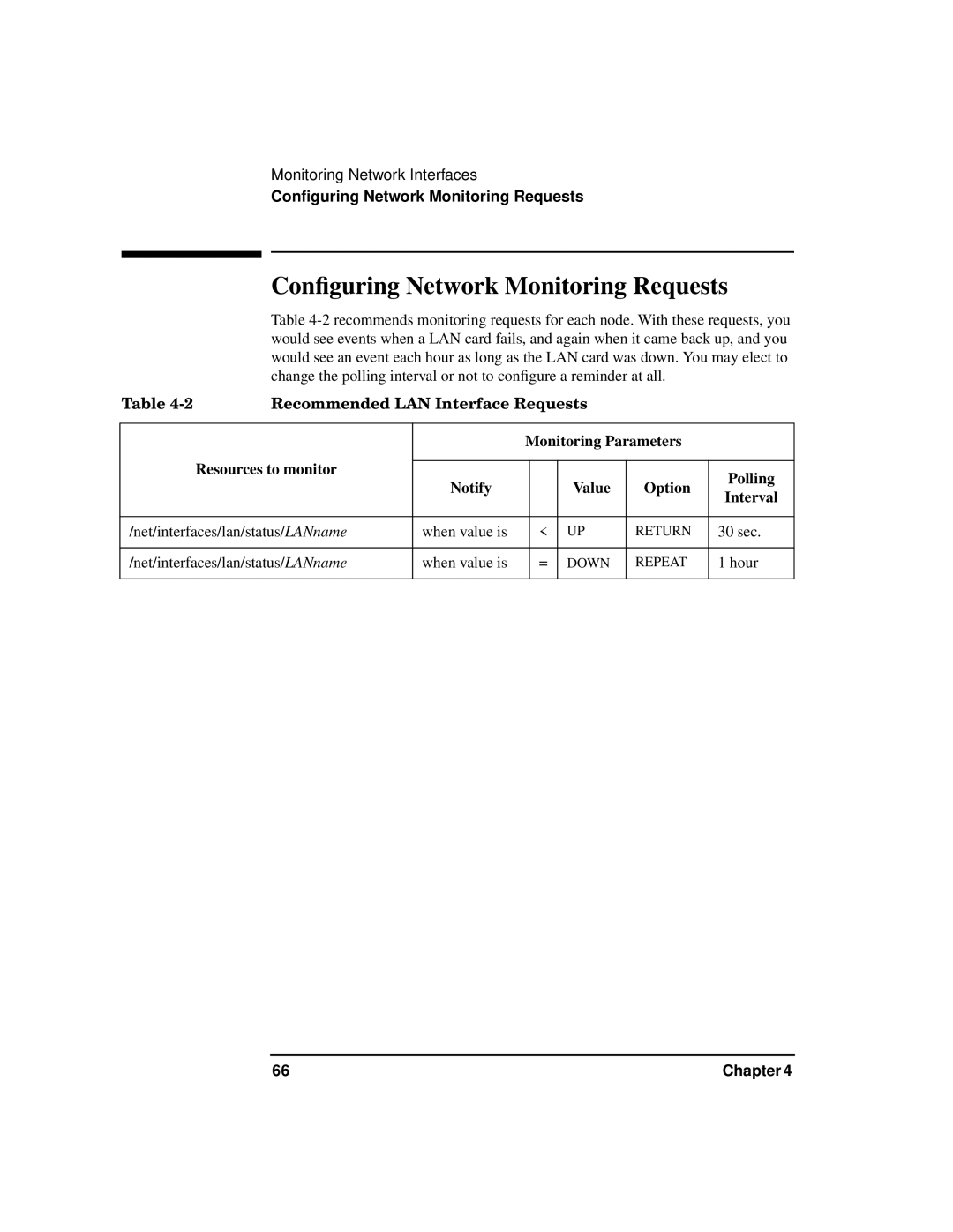 HP HA s Software Conﬁguring Network Monitoring Requests, 30 sec, Net/interfaces/lan/status/LANname When value is, Hour 