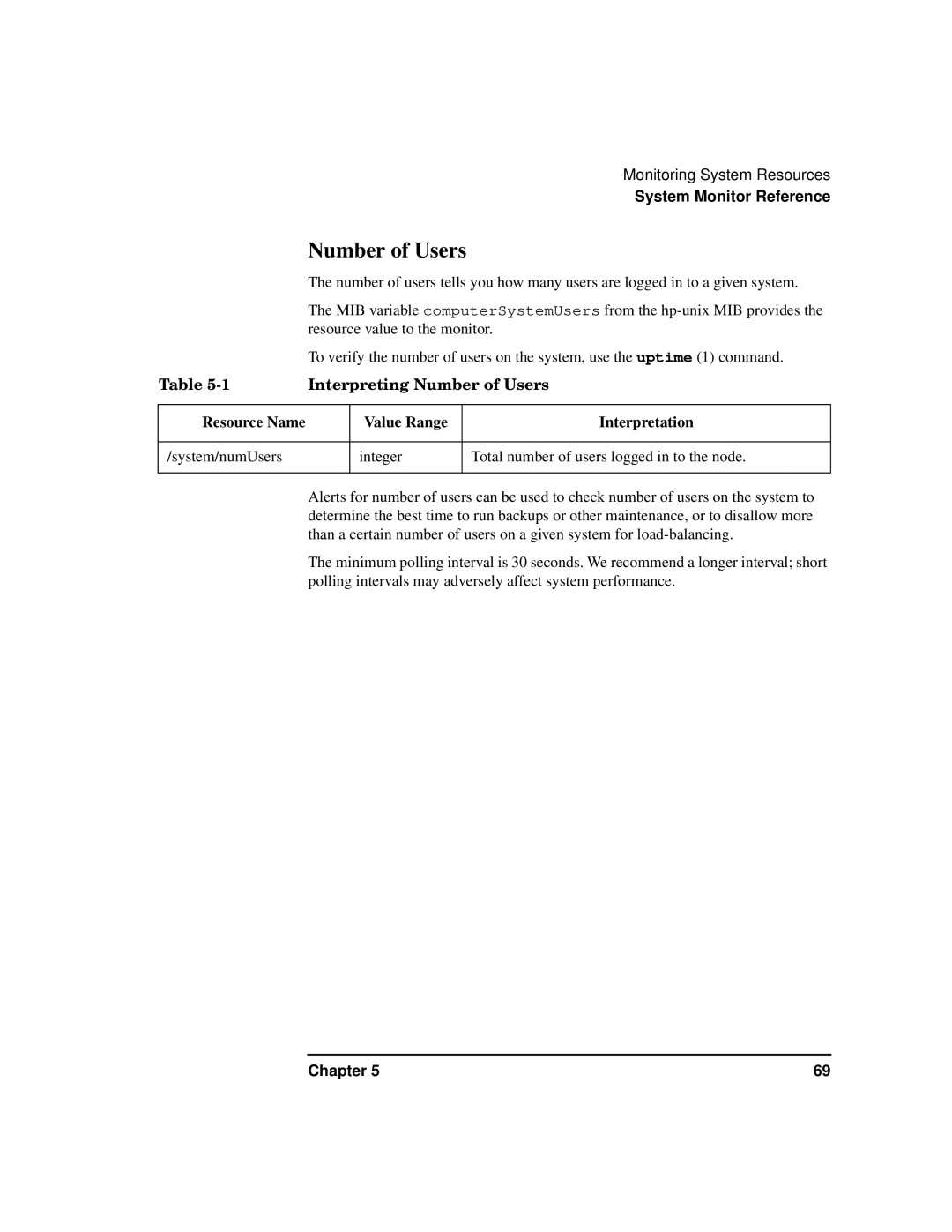 HP HA s Software manual Interpreting Number of Users, Resource Name Value Range Interpretation 