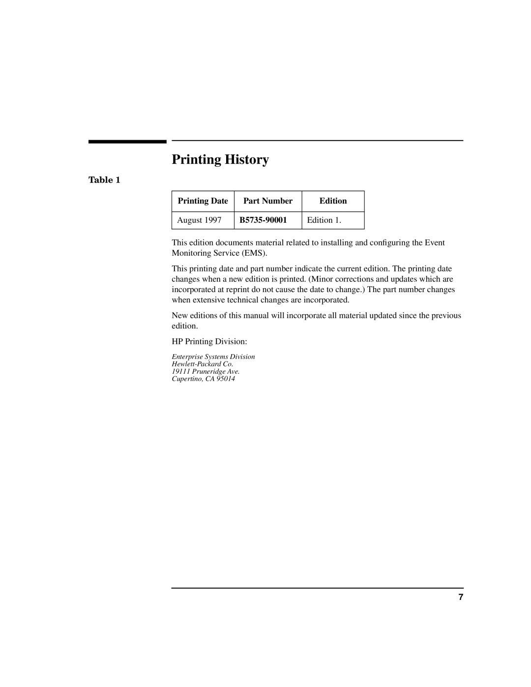 HP HA s Software manual Printing History, Printing Date Part Number Edition, B5735-90001 