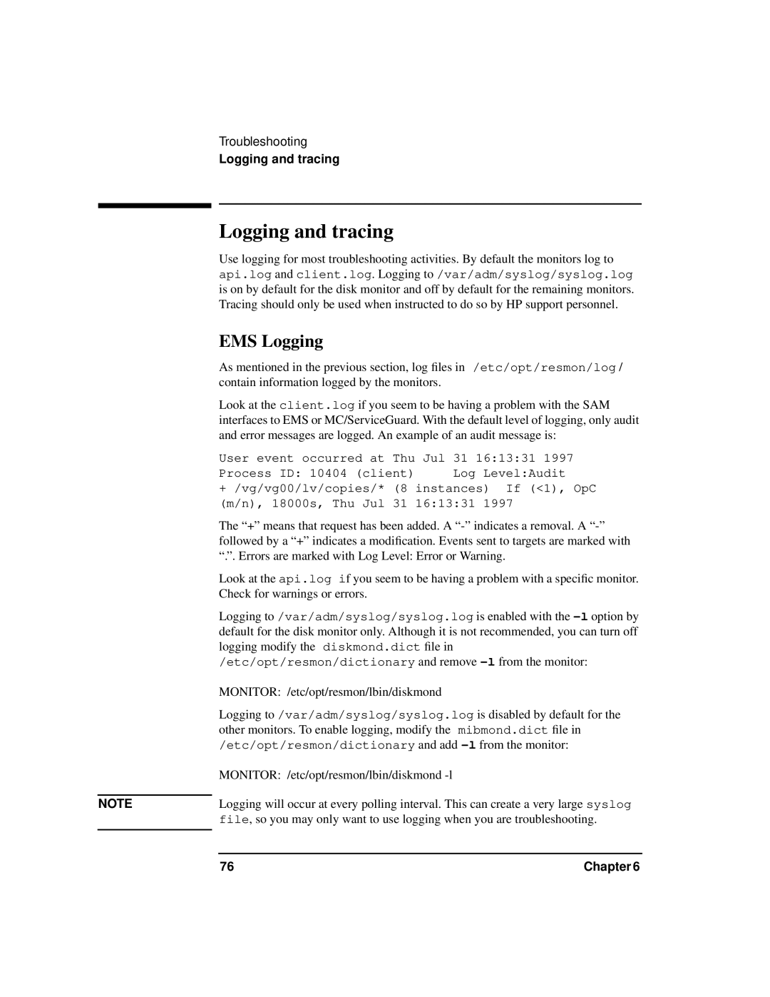 HP HA s Software manual Logging and tracing, EMS Logging 