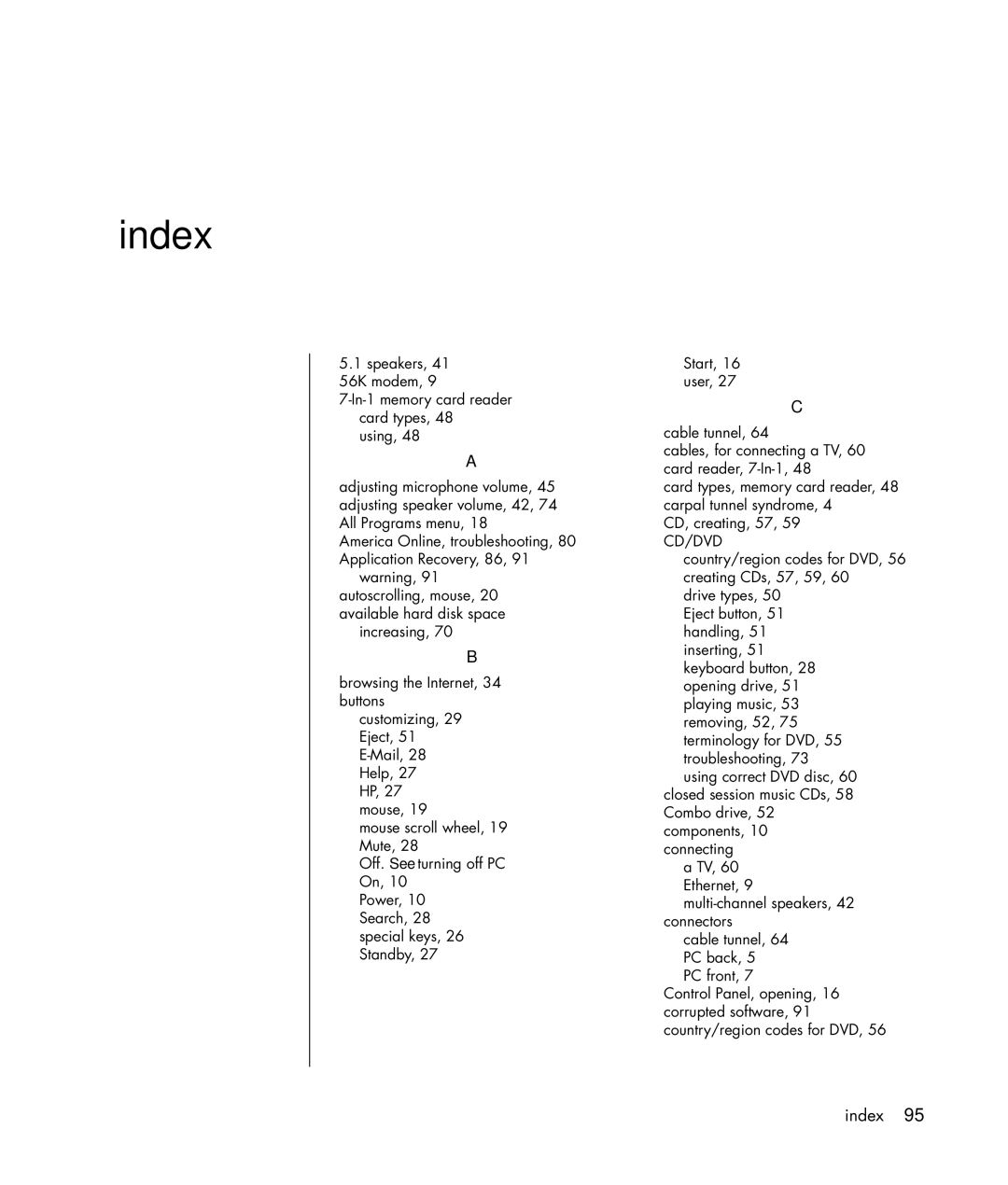 HP HB4 manual Index, Cd/Dvd 