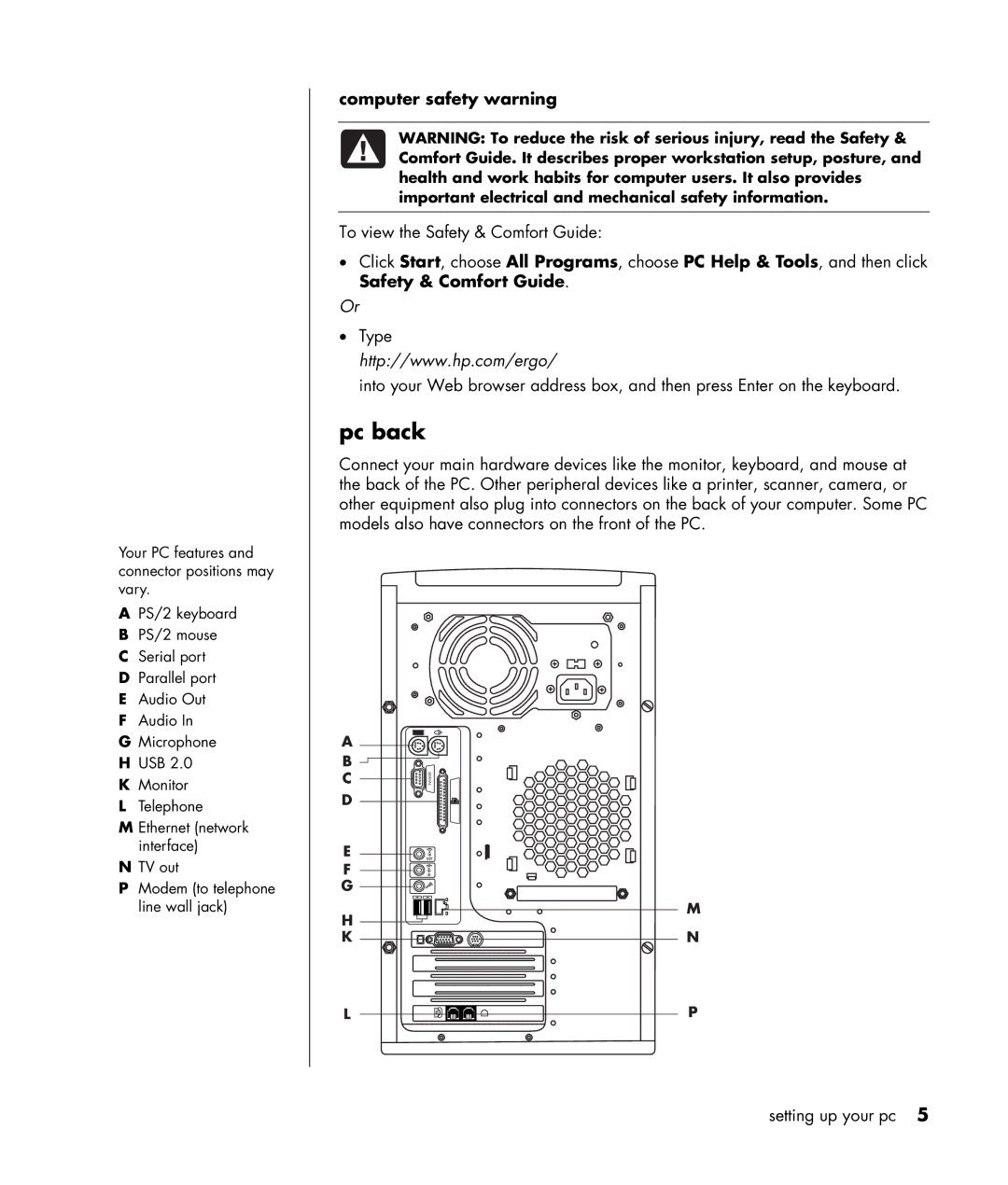 HP HB4 manual Pc back, Computer safety warning 