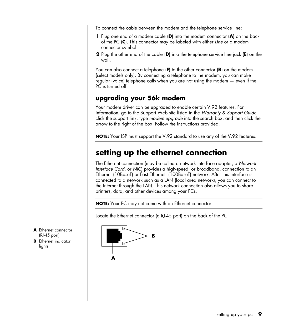 HP HB4 manual Setting up the ethernet connection, Upgrading your 56k modem 