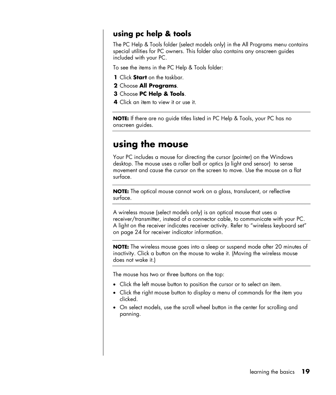 HP HB4 manual Using the mouse, Using pc help & tools, Choose All Programs Choose PC Help & Tools 