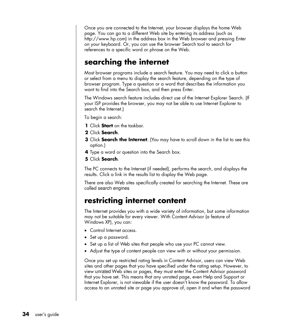 HP HB4 manual Searching the internet, Restricting internet content 