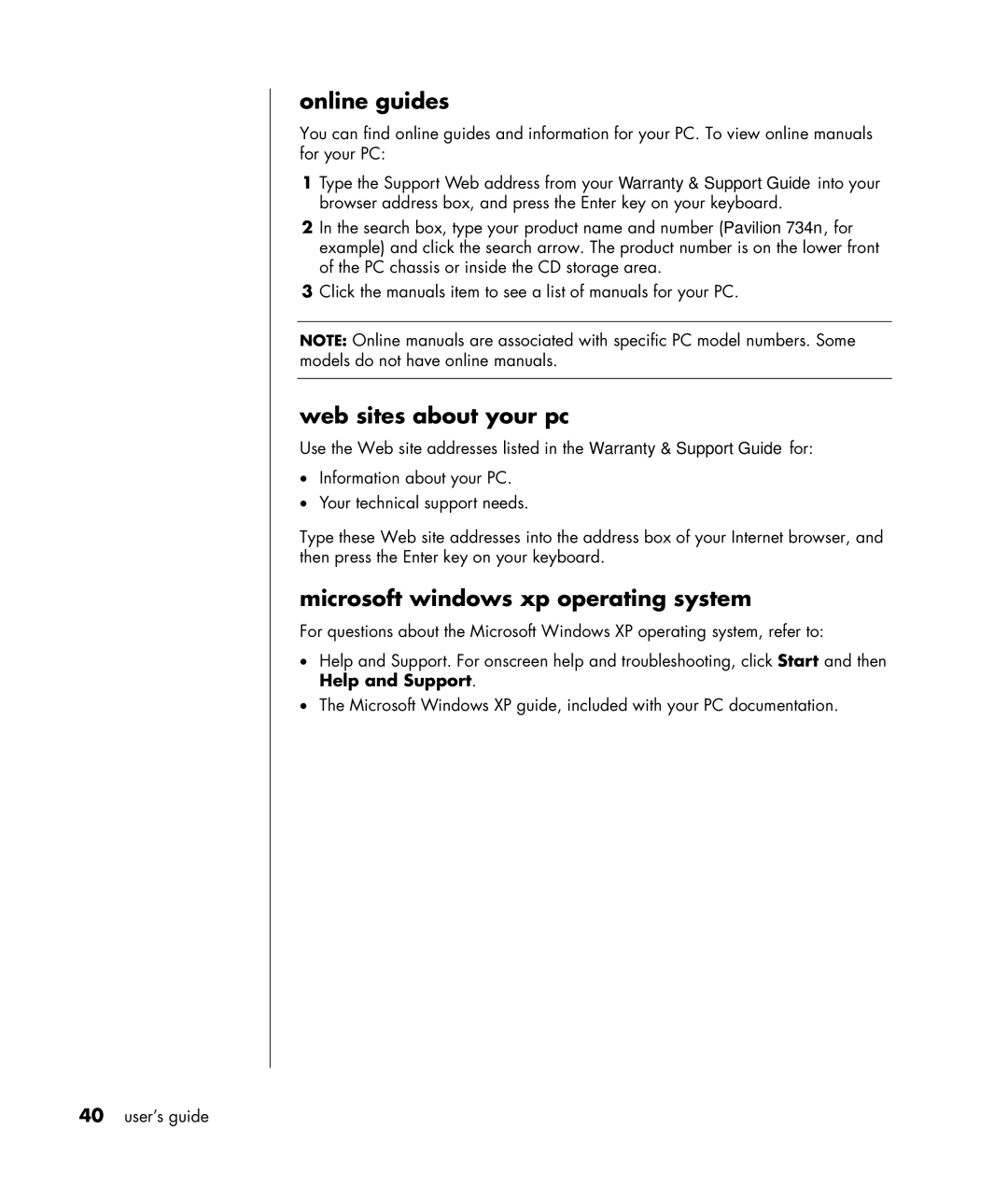 HP HB4 manual Online guides, Web sites about your pc, Microsoft windows xp operating system 
