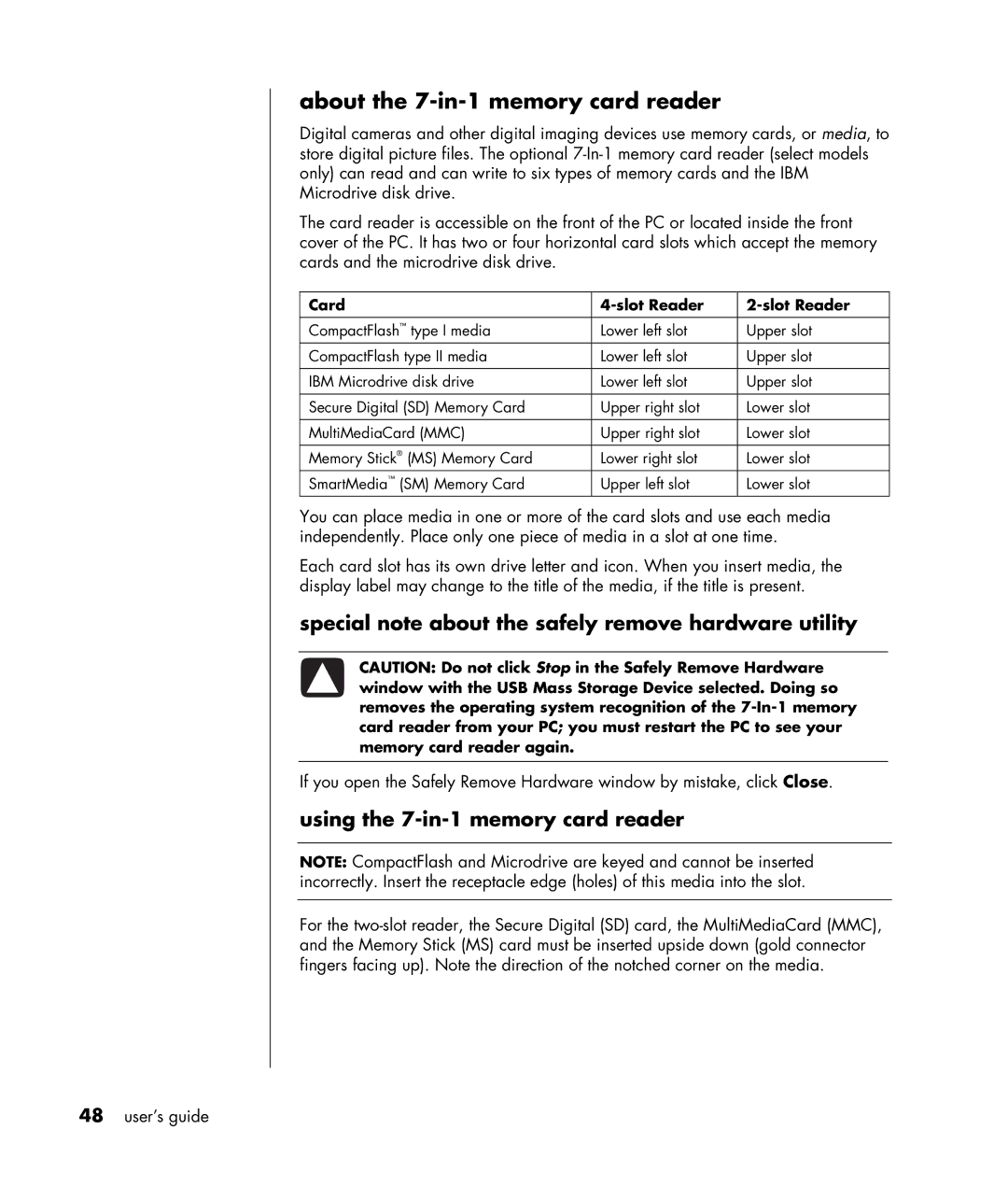 HP HB4 manual About the 7-in-1 memory card reader, Special note about the safely remove hardware utility, Card Slot Reader 