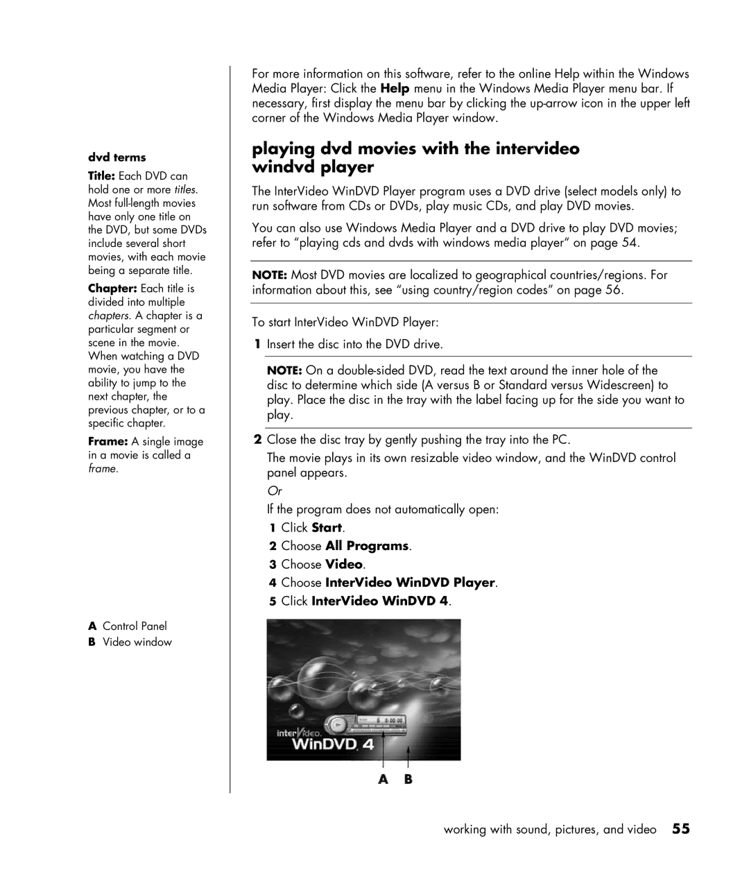 HP HB4 manual Playing dvd movies with the intervideo windvd player, Choose InterVideo WinDVD Player Click InterVideo WinDVD 