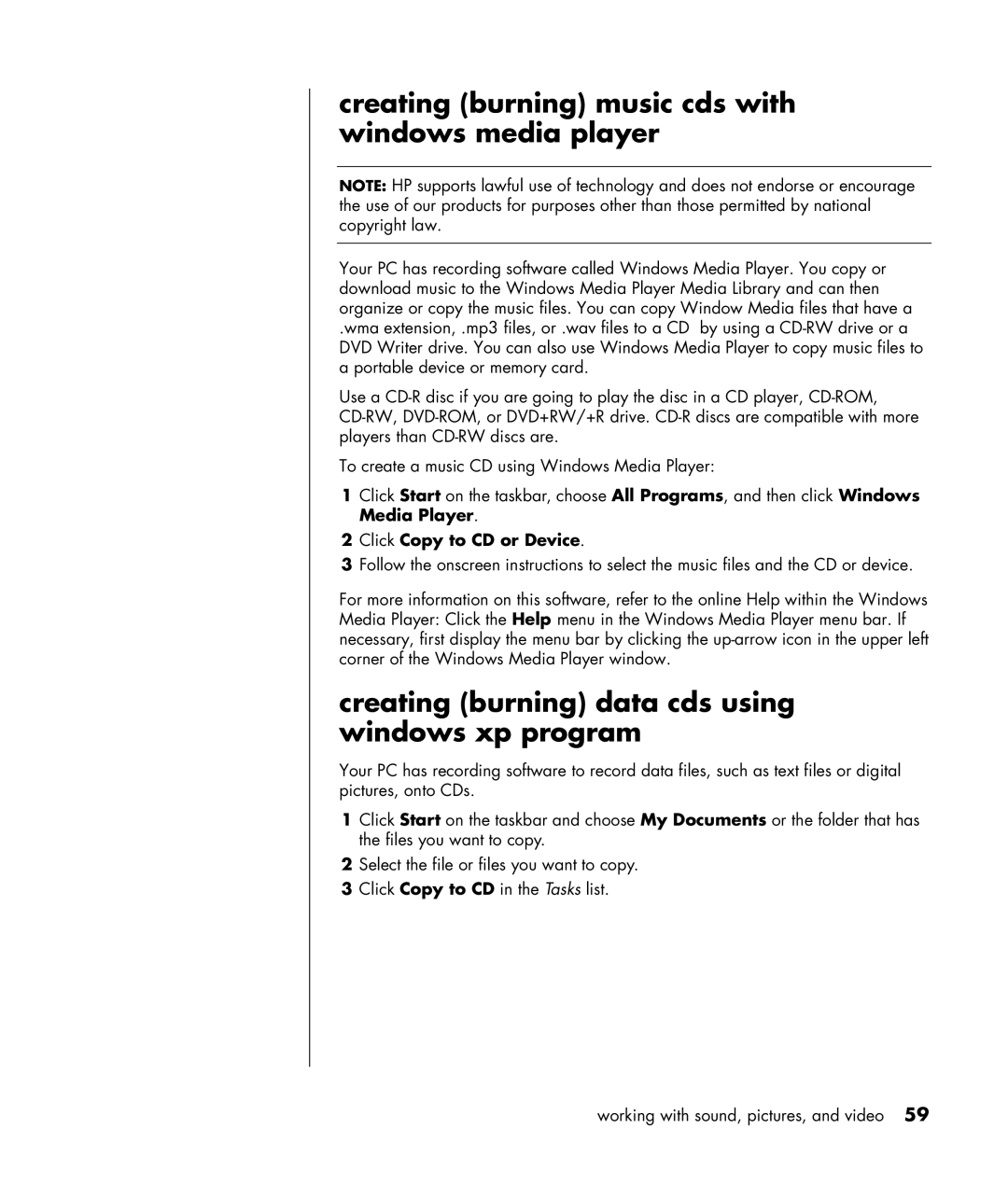 HP HB4 manual Creating burning music cds with windows media player, Creating burning data cds using windows xp program 