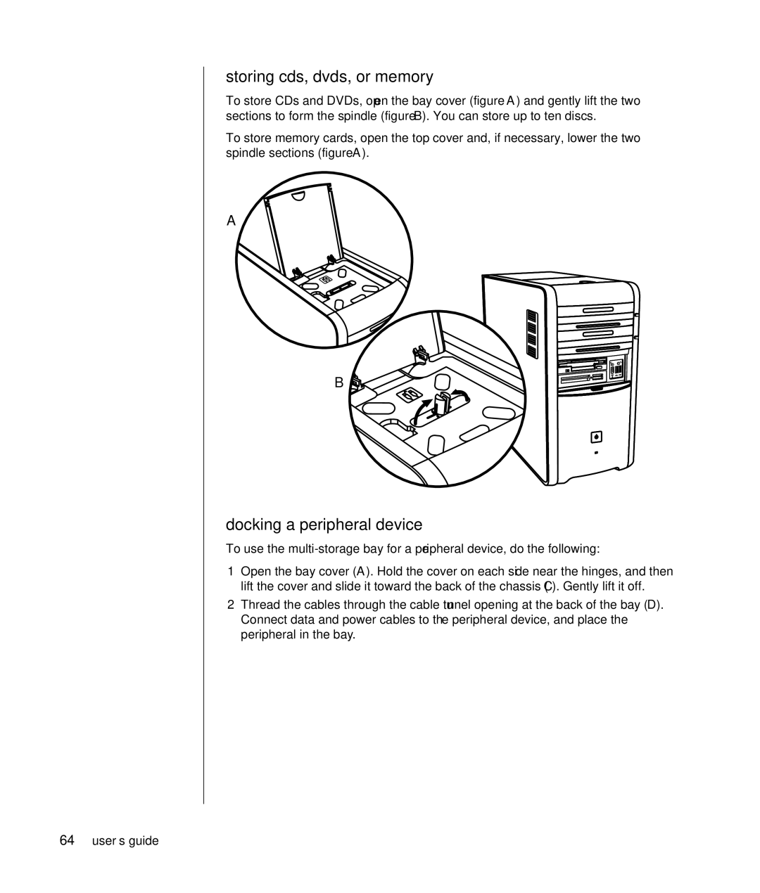 HP HB4 manual Storing cds, dvds, or memory, Docking a peripheral device 