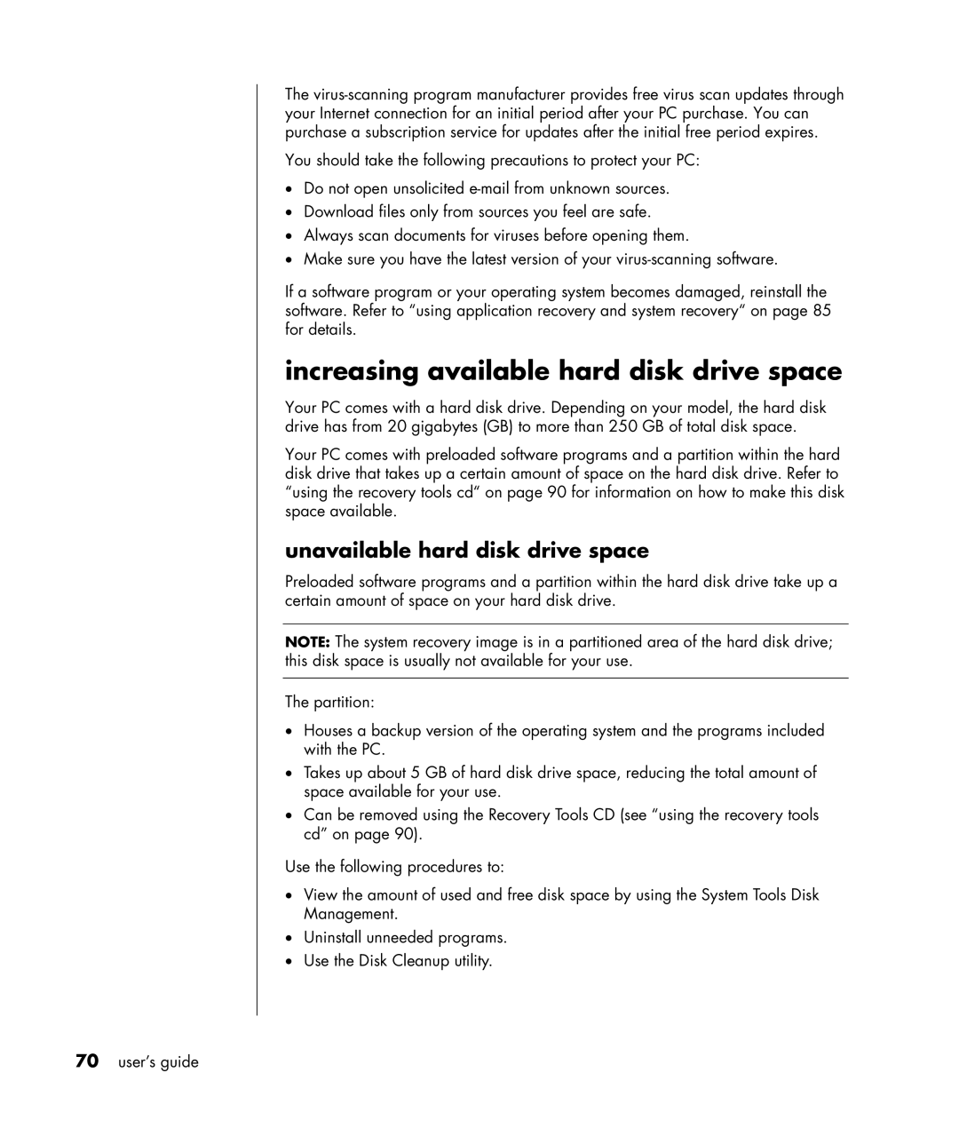 HP HB4 manual Increasing available hard disk drive space, Unavailable hard disk drive space 