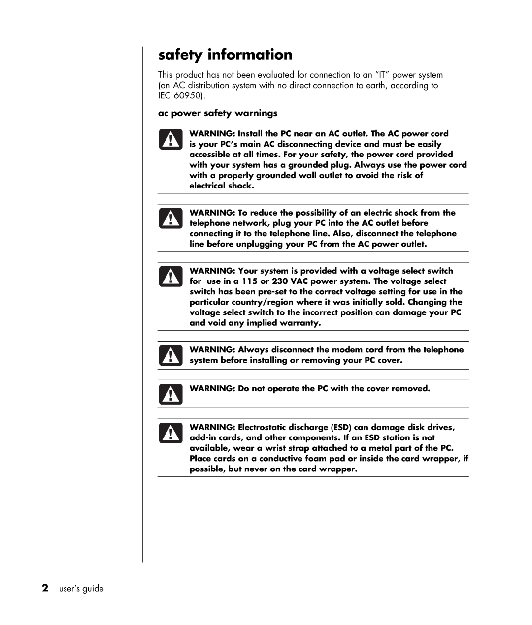 HP HB4 manual Safety information, Ac power safety warnings 