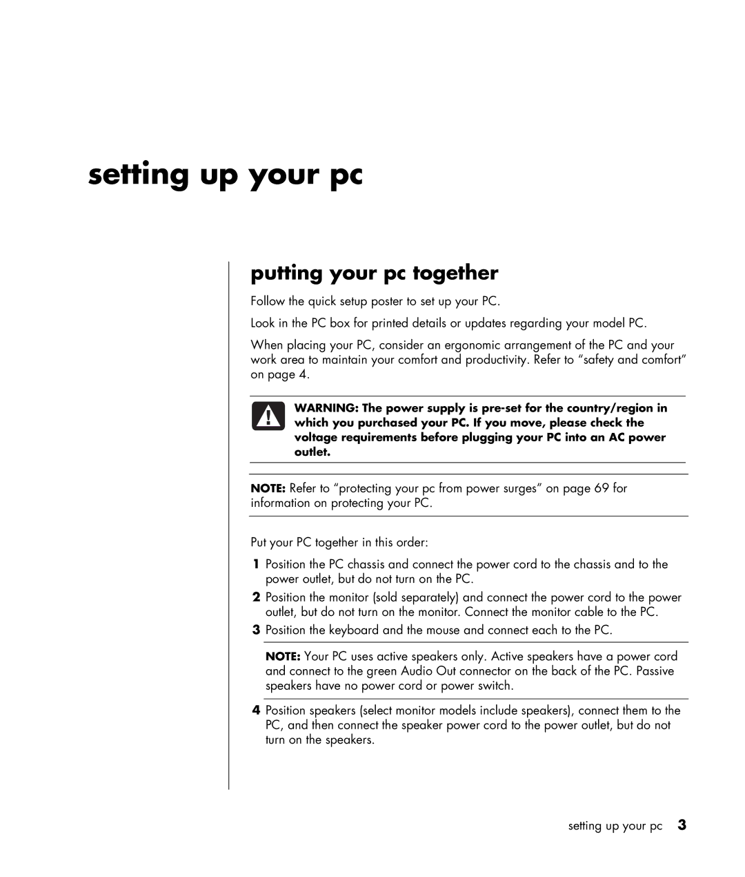 HP HB4 manual Setting up your pc, Putting your pc together 