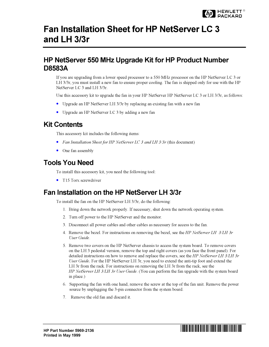 HP HC NetServer LH 3r manual #& #, Fan Installation Sheet for HP NetServer LC 3 and LH 3/3r, Kit Contents, Tools You Need 