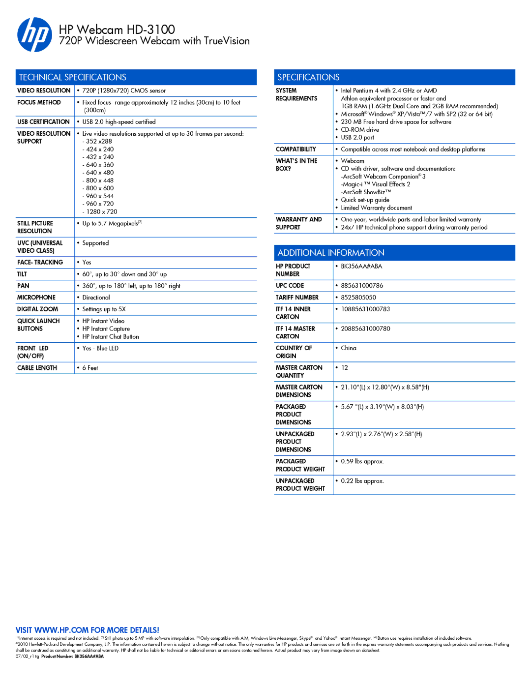 HP HD-3100 manual Technical Specifications, Additional Information 