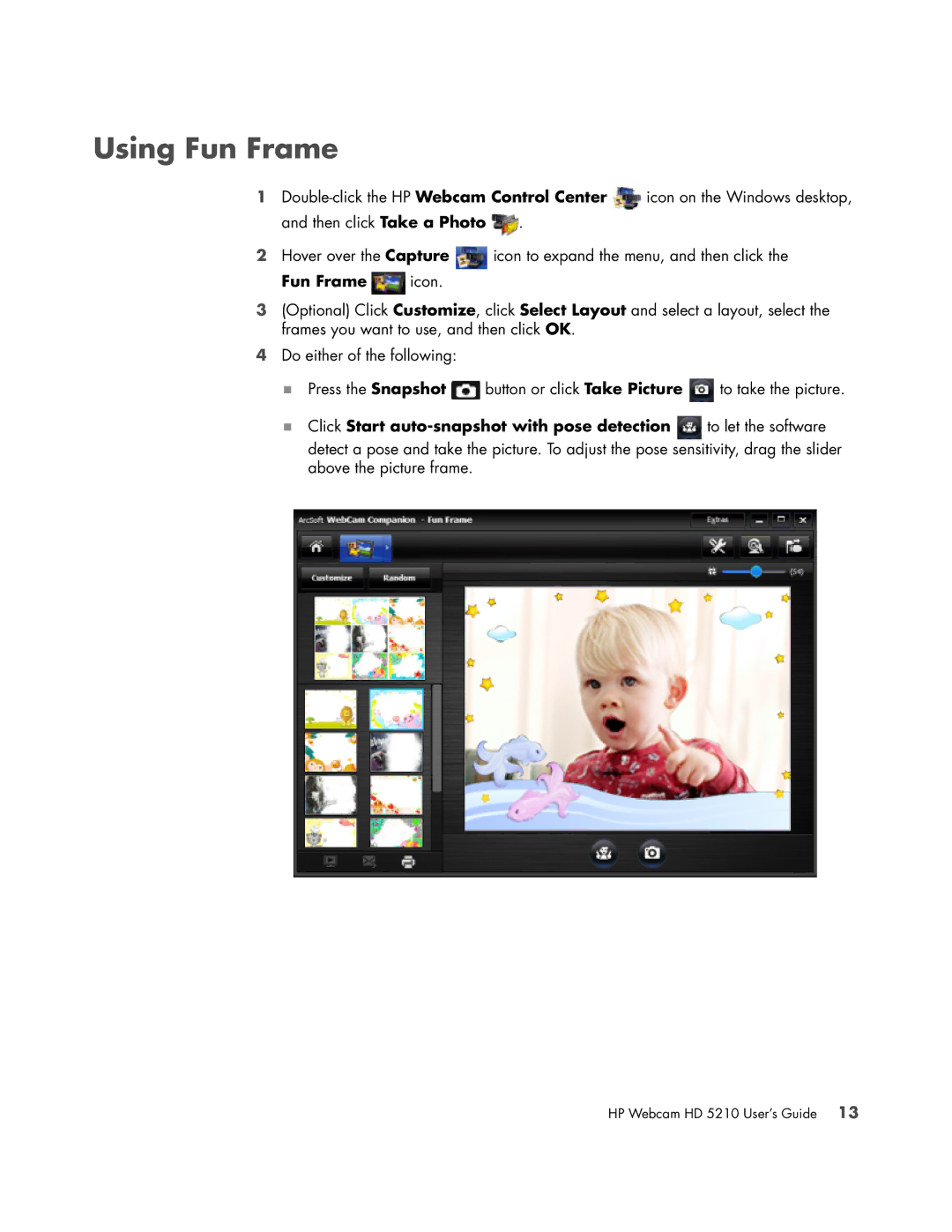 HP HD 5210 manual Using Fun Frame, Fun Frame icon 