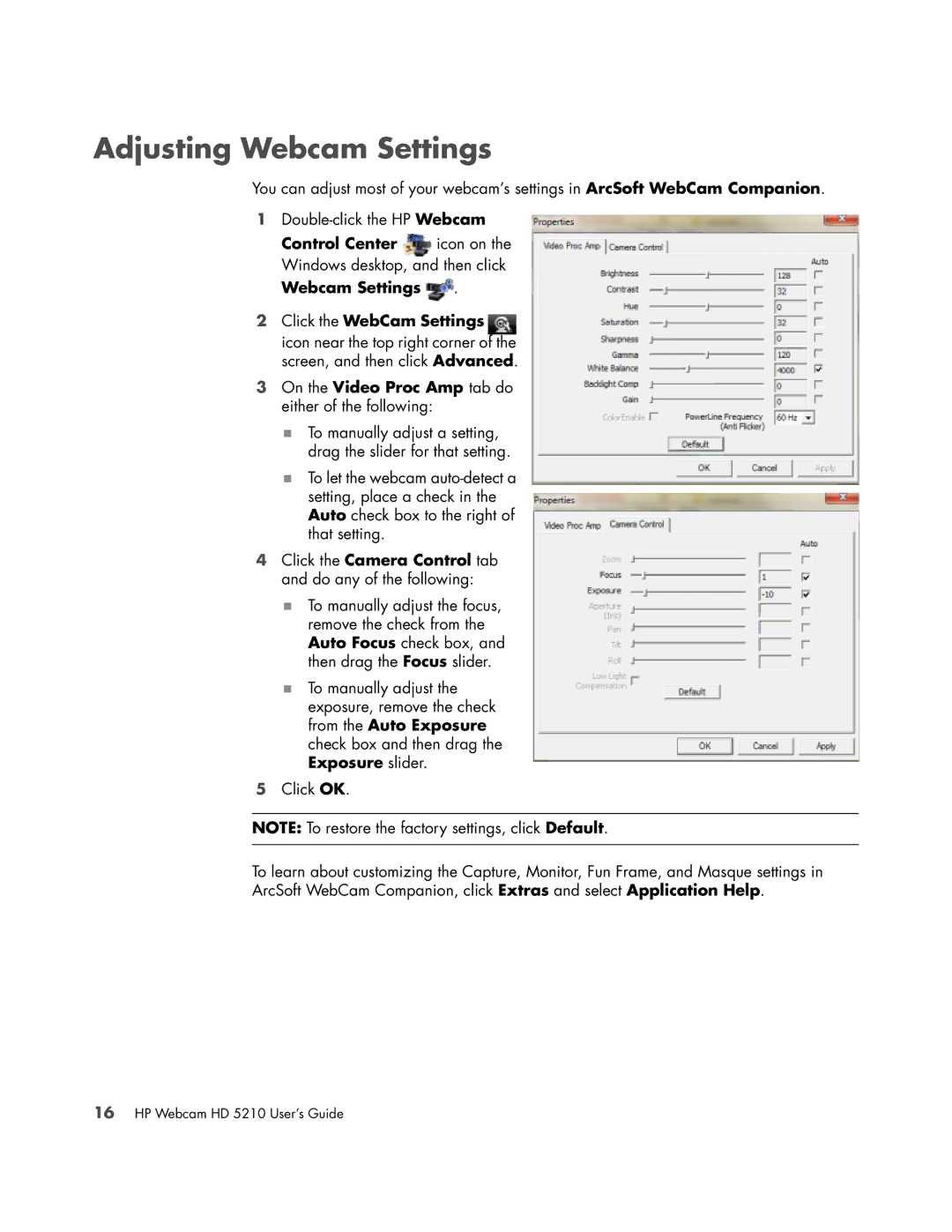 HP HD 5210 manual Adjusting Webcam Settings, Click the Camera Control tab and do any of the following 