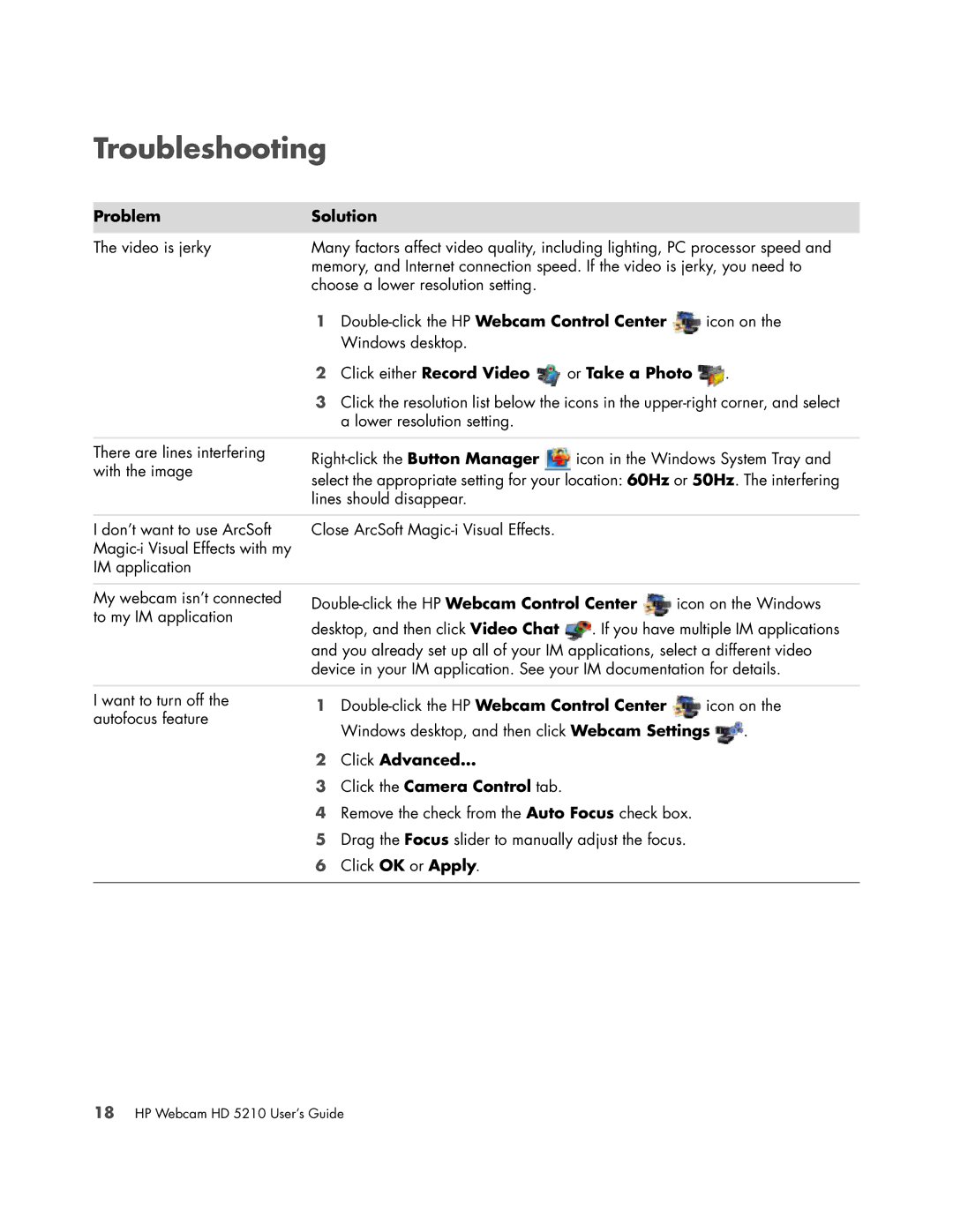 HP HD 5210 manual Troubleshooting, Problem Solution, Double-click the HP Webcam Control Center, Or Take a Photo 